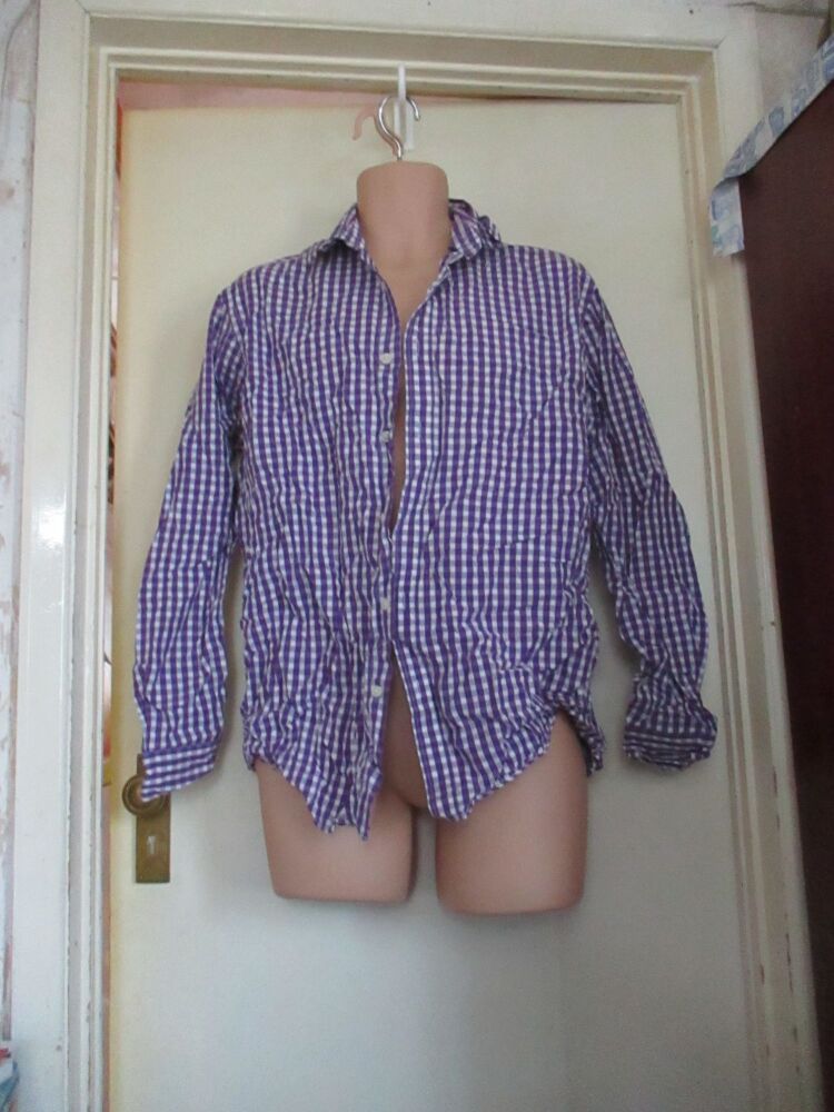 White & Purple Chequered Long Sleeved Shirt - Size L - TU