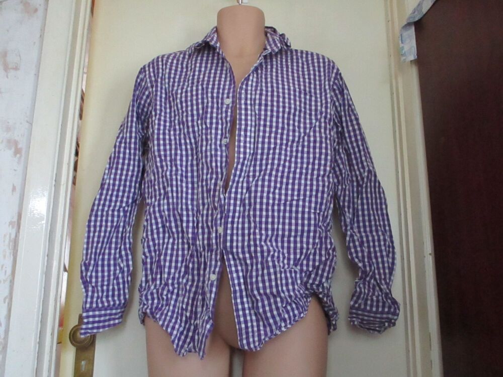 White & Purple Chequered Long Sleeved Shirt - Size L - TU