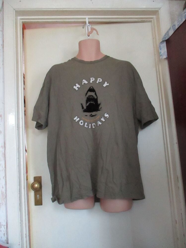 Khaki Green "Happy Holidays - Every Wished You'd Stayed At Home?" Shark T-shirt - Size & Brand Unknown