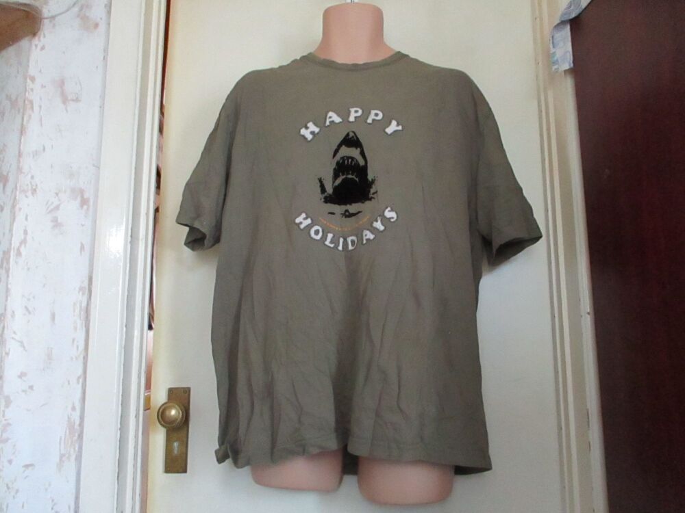 Khaki Green "Happy Holidays - Every Wished You'd Stayed At Home?" Shark T-shirt - Size & Brand Unknown