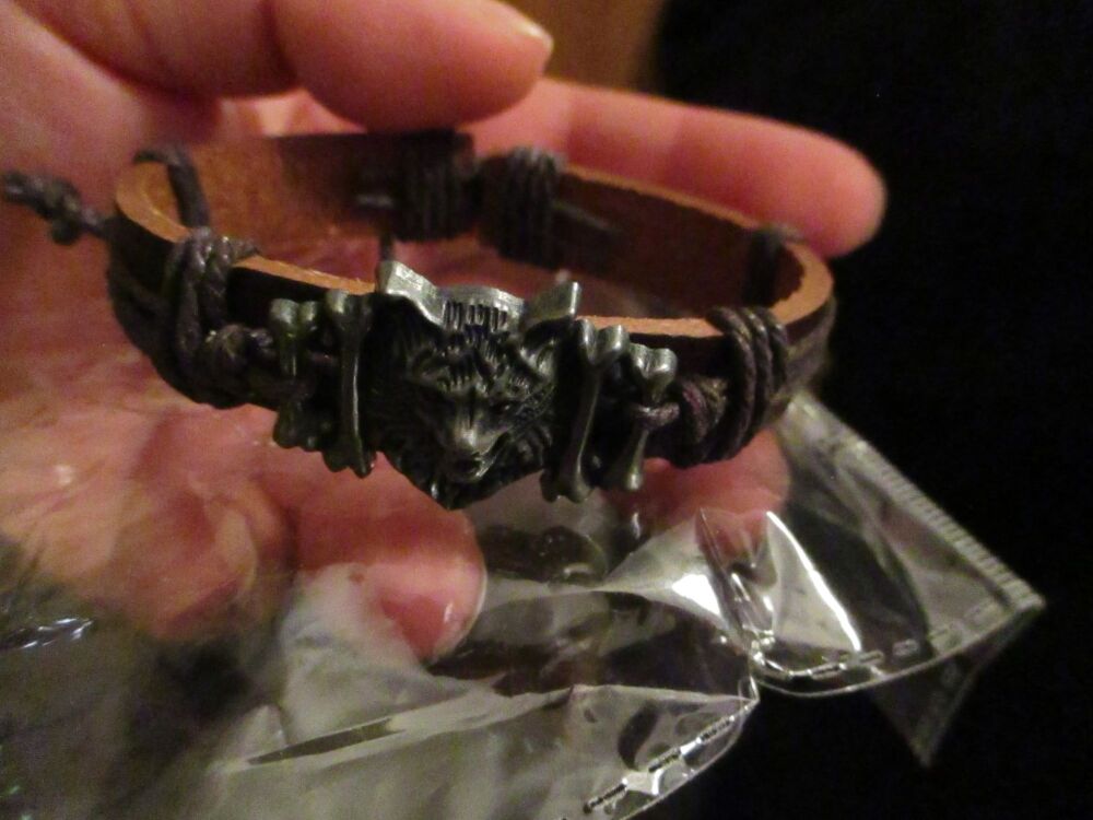 Adjustable Brown Leather Bracelet with Bronze Tone Wolf Head with Bones