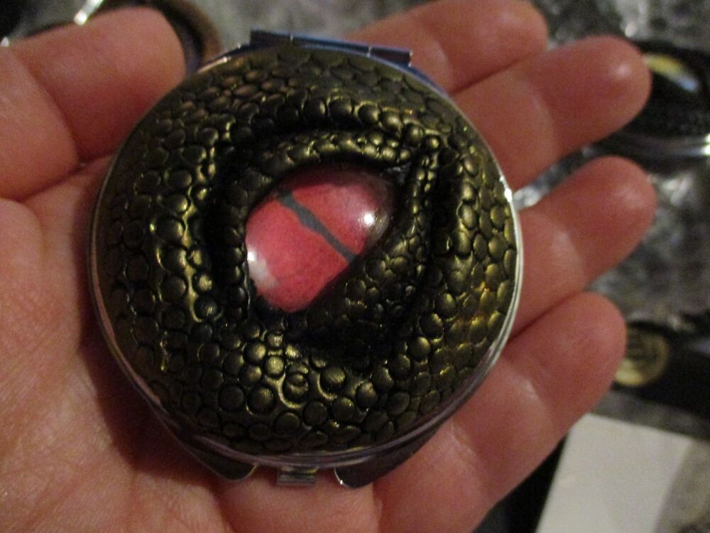 Bronze Tone Red Iris - Dragon Eye Scale Design Ornamental Compact Mirror