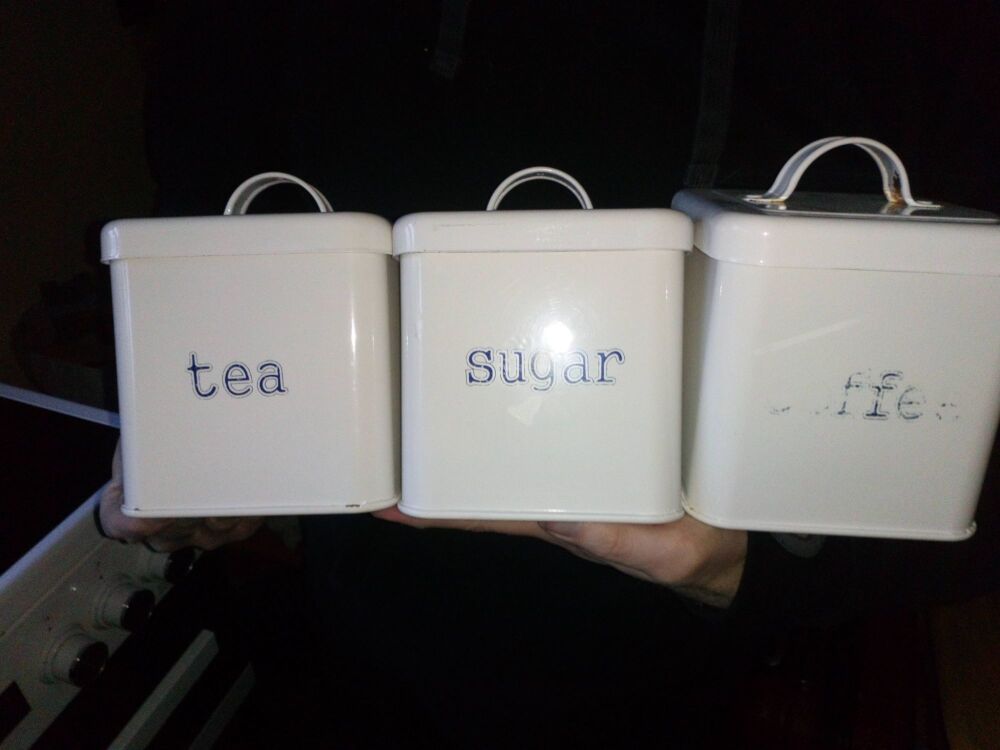 Ethos - White Painted Sugar Coffee Tea Tin Storage Set - Used