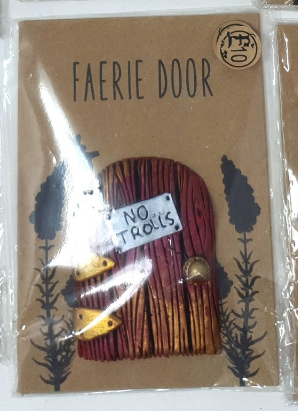 "No Trolls" Rustic Burnished Red with Gold Swirl - Miniature Fairy Elf Door Ornament - Resin