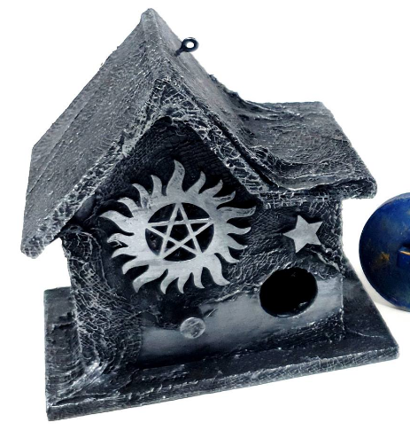 "Supernatural" Rustic Grey & Silver Wooden Bird House Ornament - Fabric Harden Wrapped