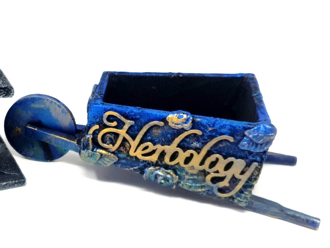 "Herbology" Rustic Iridescent Gold Blue Wooden Wheel Barrow Planter Ornament - Fabric Harden Wrapped