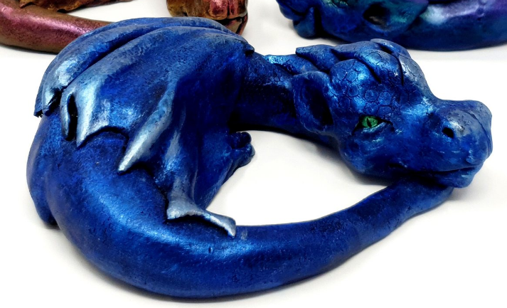 Large Blue Laying Dragon Ornament Decoration (W/ green eyes and silver tint)
