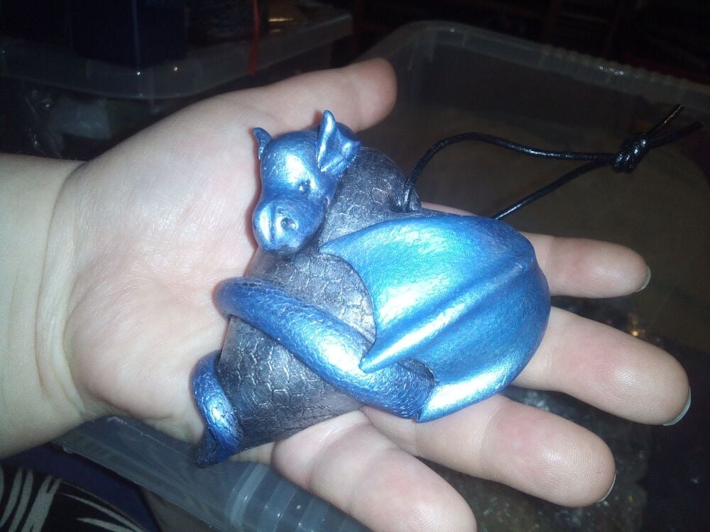 Blue Dragon Wrapped Around Grey Heart -  Ornament Decoration