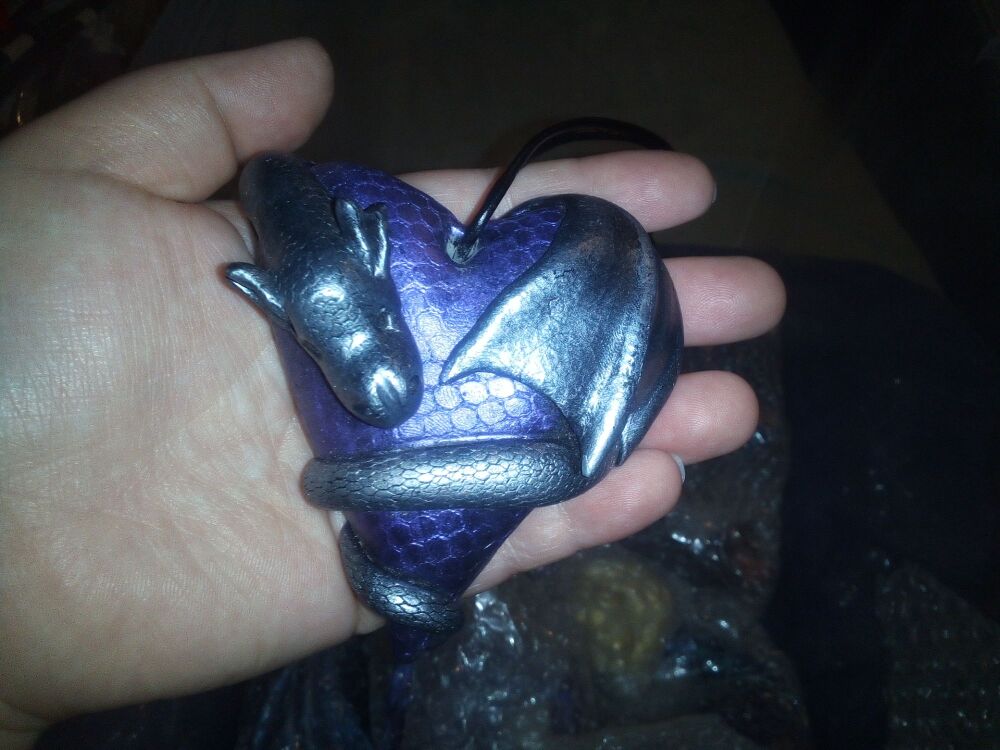 Grey Dragon Wrapped Around Purple Heart -  Ornament Decoration
