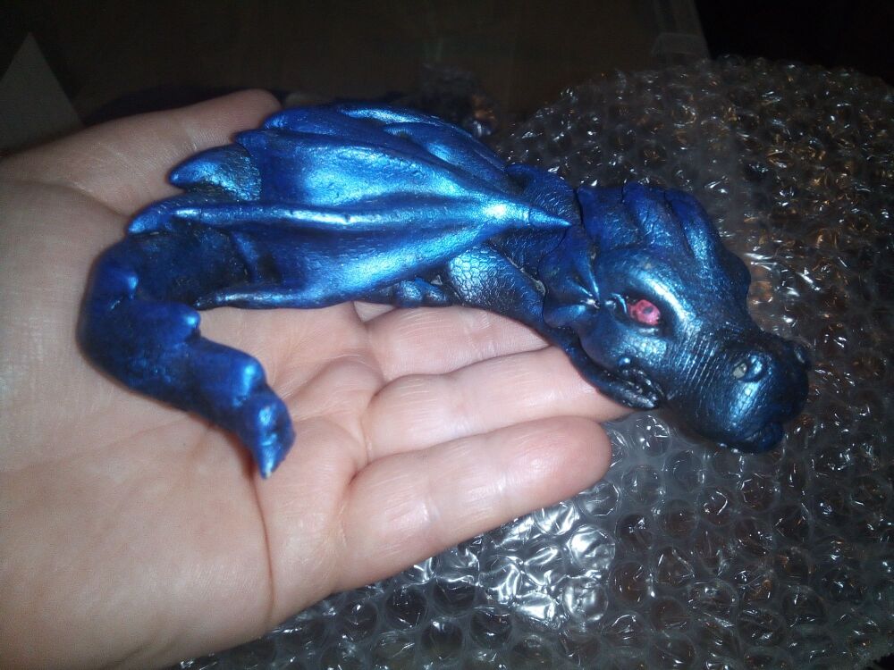 Medium Blue Laying Dragon Ornament Decoration (W/ red eyes and dark tint)