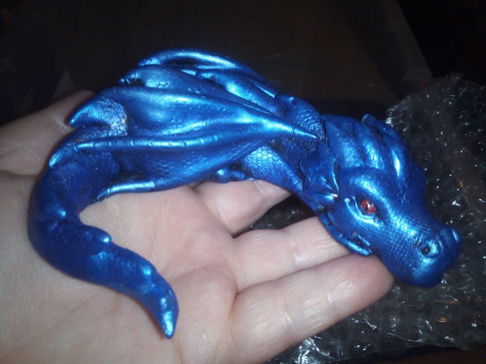 Medium Blue Laying Dragon Ornament Decoration (W/ red eyes)