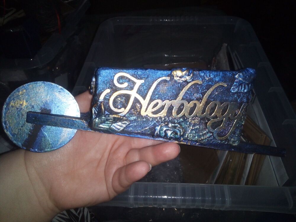 "Herbology" Rustic Iridescent Gold Blue Wooden Wheel Barrow Planter Ornament - Fabric Harden Wrapped