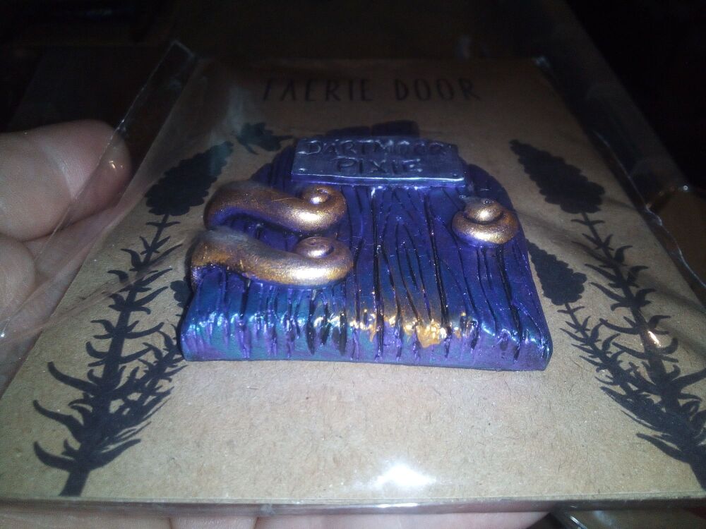 "Dartmoor Pixie" Rustic Iridescent Purple Blue with Gold Swirl - Miniature Fairy Elf Door Ornament - Resin