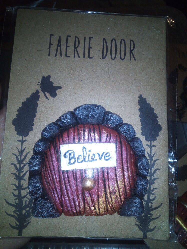 "Believe" Cobblestone surround - Burnished Red with Gold Swirl - Miniature Fairy Elf Door Ornament - Resin