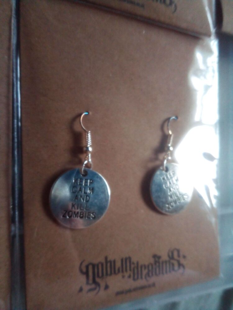 Goblin Dreams - Silver tone "Keep Calm Kill Zombies" Tag Styled Earrings