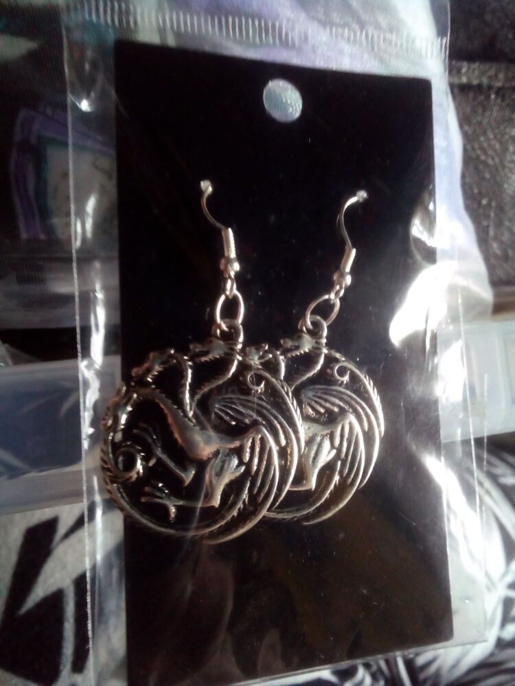 Goblin Dreams - Silver tone Circled Dragon Styled Earrings - Black card packaging