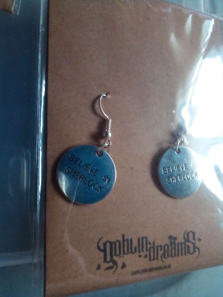 Goblin Dreams - Silver tone "Believe in Sherlock" Tag Styled Earrings