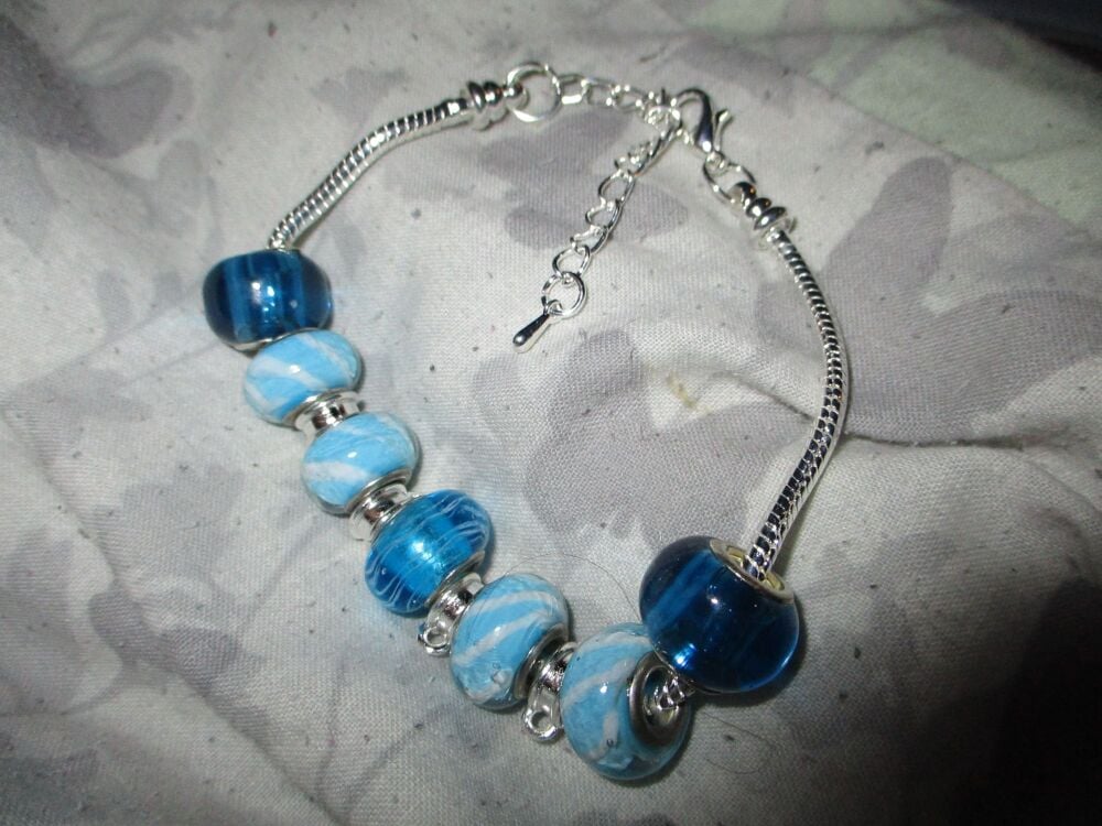 Blue Swirls Selection Beads Charm Bracelet with adjustable chain and 4 Charm spaces