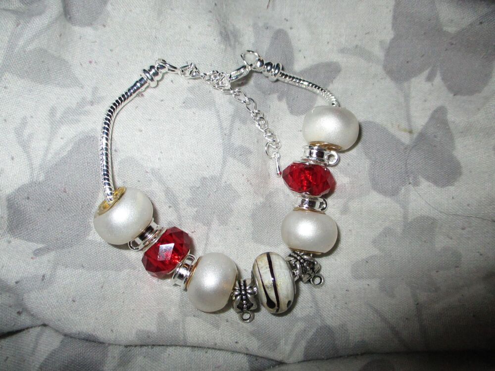 White and Red Beads Charm Bracelet with adjustable chain and 6 Charm spaces