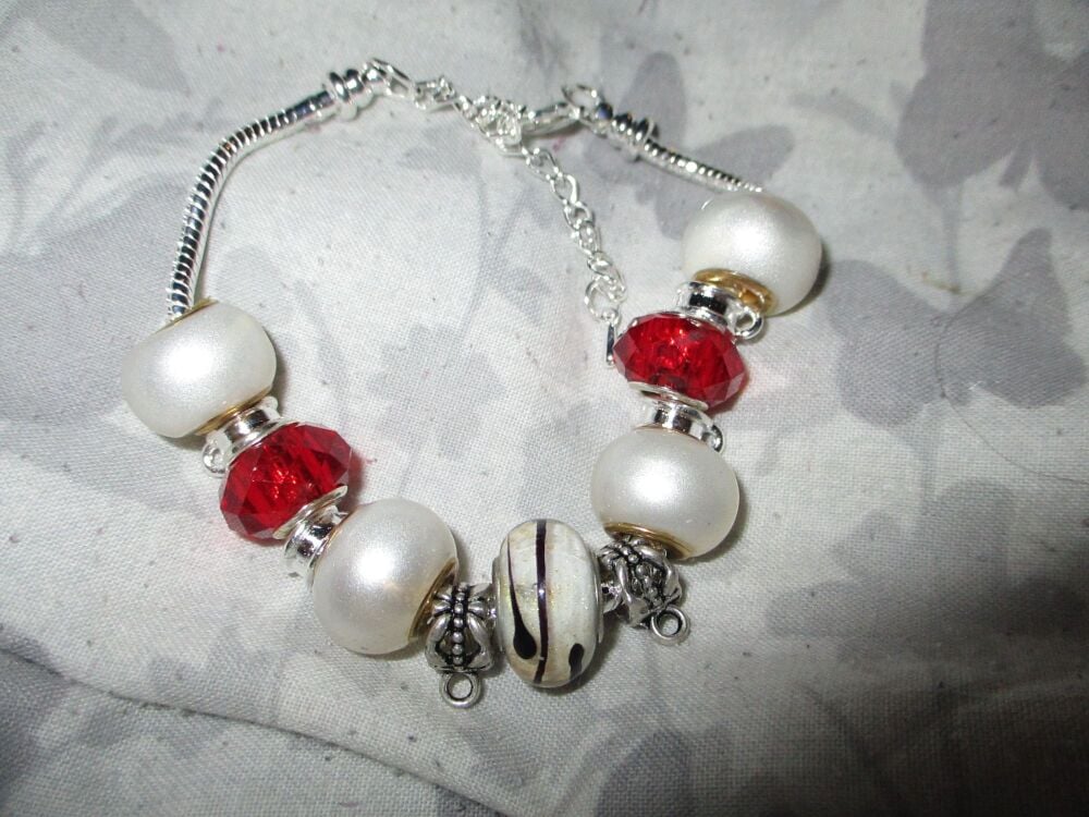 White and Red Beads Charm Bracelet with adjustable chain and 6 Charm spaces