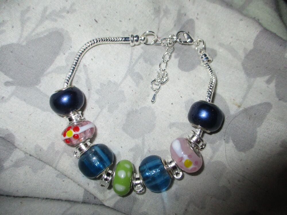 Dark Summer Evening Selection Beads Charm Bracelet with adjustable chain and 6 Charm spaces