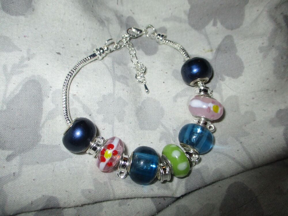 Dark Summer Evening Selection Beads Charm Bracelet with adjustable chain and 6 Charm spaces