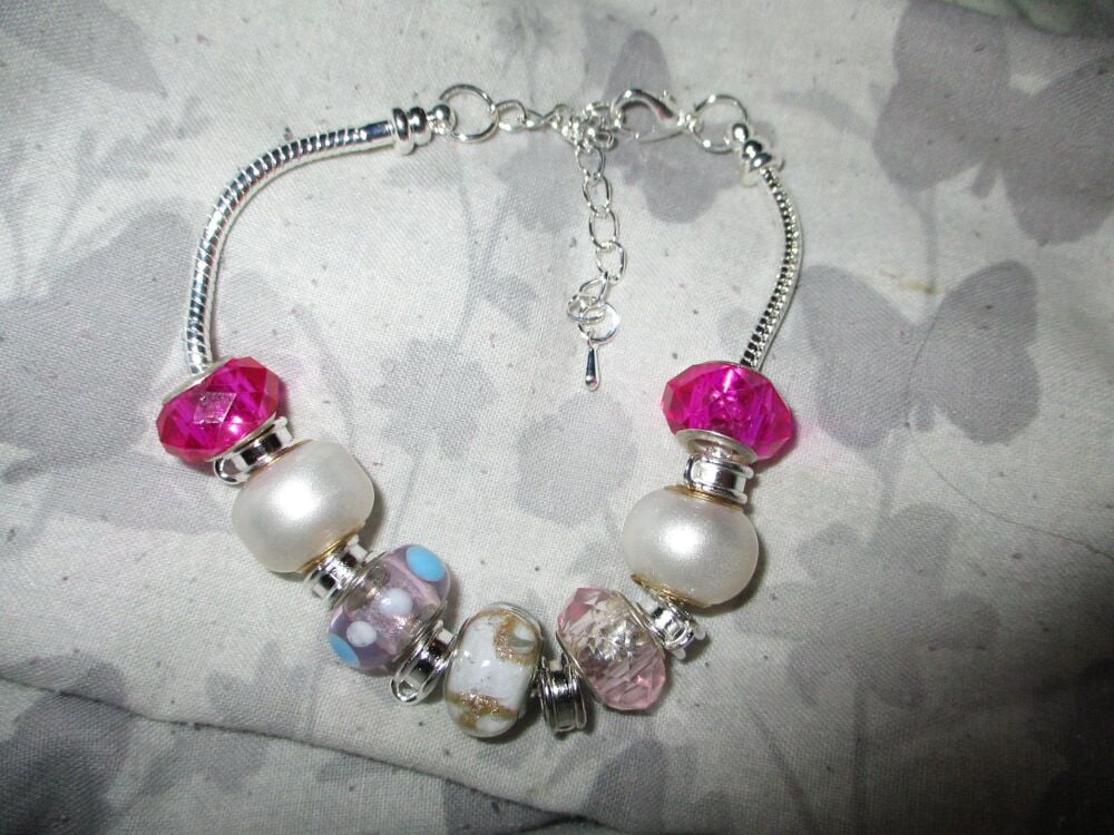 Pink Glitz Selection Beads Charm Bracelet with adjustable chain and 6 Charm spaces