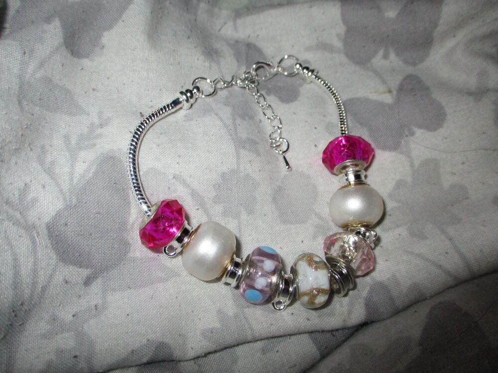 Pink Glitz Selection Beads Charm Bracelet with adjustable chain and 6 Charm spaces