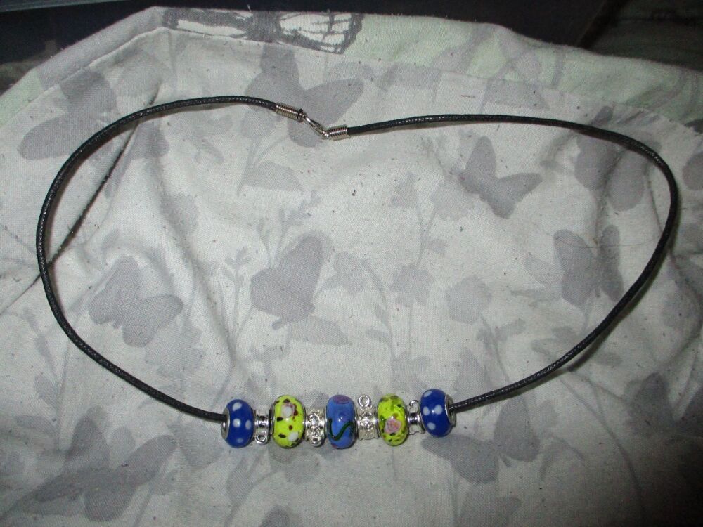 Blue and Green Floral Selection Beads Charm Necklace with 4 Charm spaces