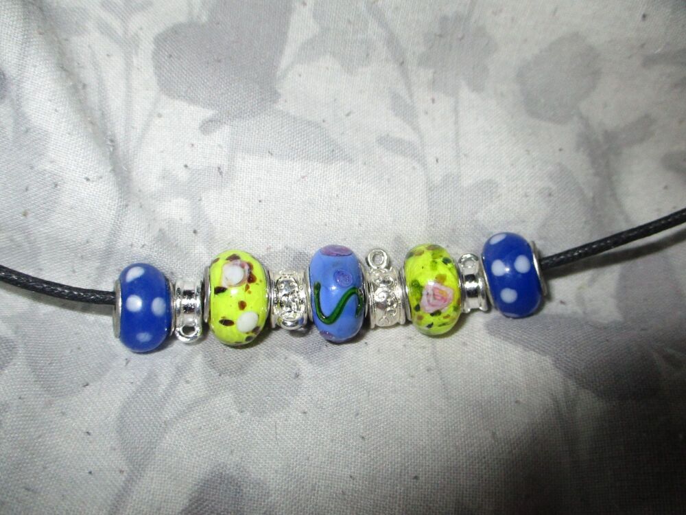 Blue and Green Floral Selection Beads Charm Necklace with 4 Charm spaces