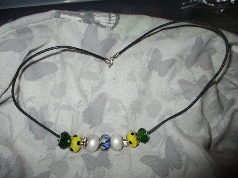 Tribal Green Yellow Selection Beads Charm Necklace with adjustable chain an