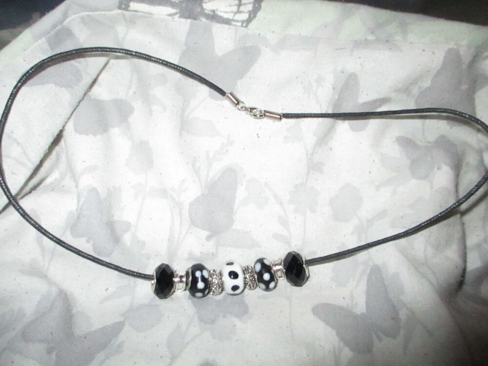 Black and White Dots Selection Beads Charm Necklace with 2 Charm spaces