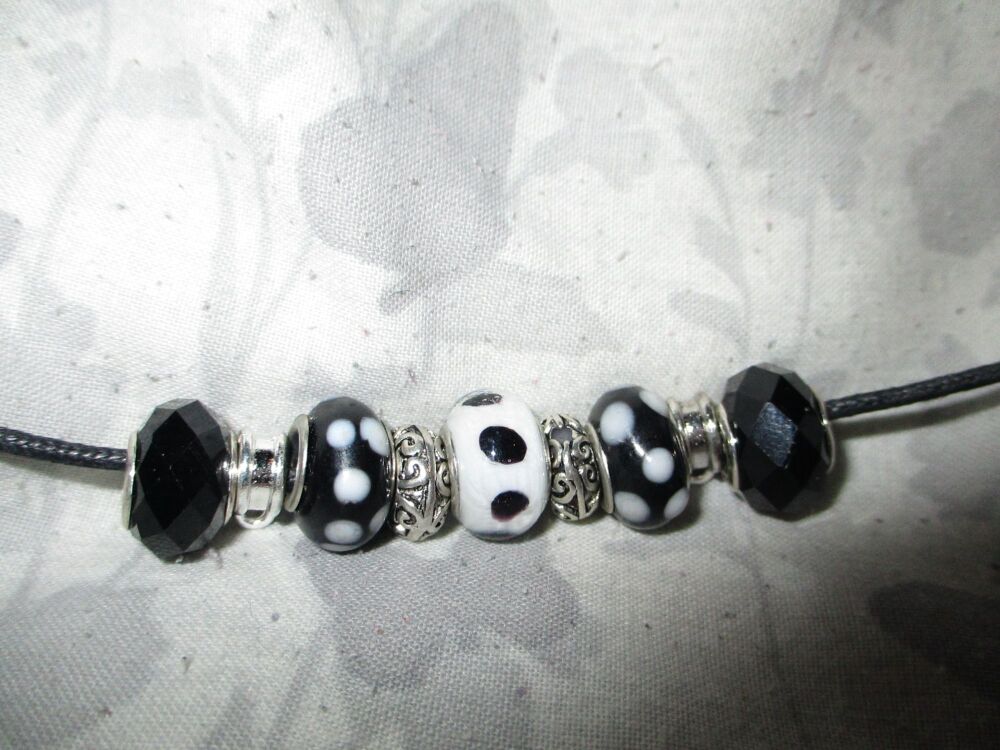 Black and White Dots Selection Beads Charm Necklace with 2 Charm spaces