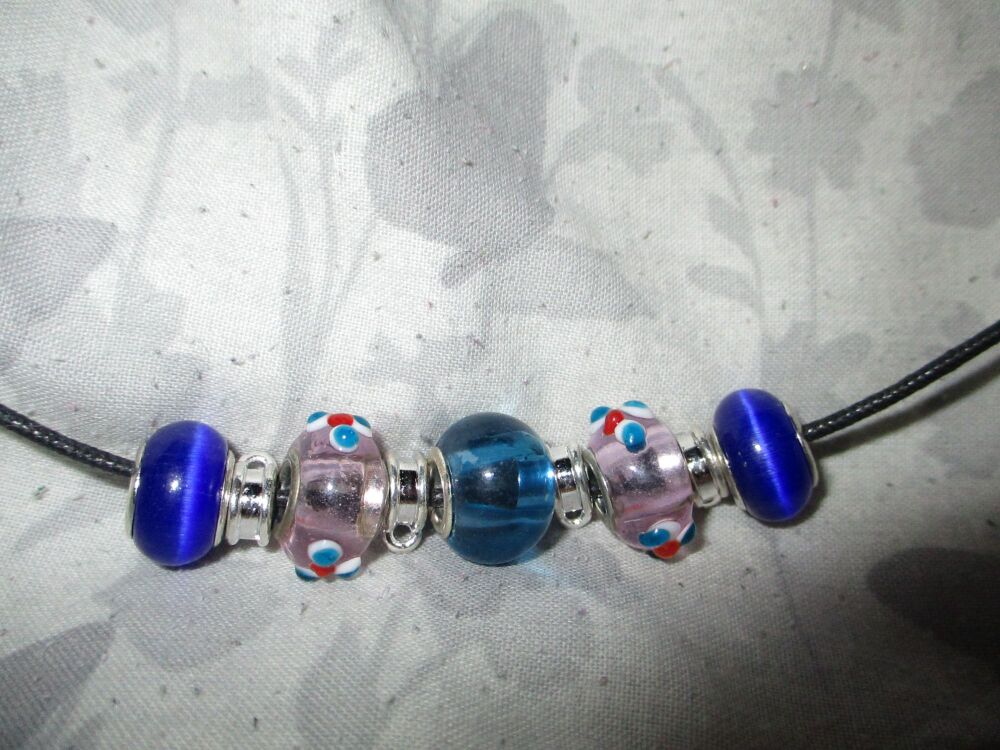 Blue and Pink Cotton Candy Dots Selection Beads Charm Necklace with 4 Charm spaces