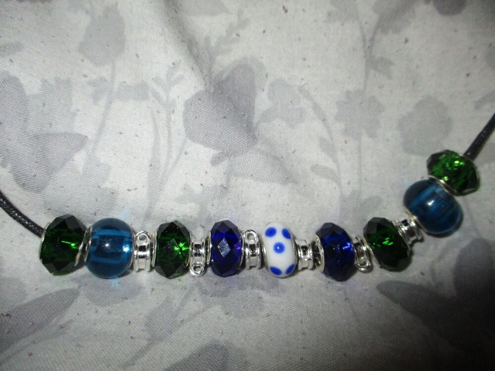 Blue Green Sea Tones Selection Beads Charm Necklace with 6 Charm spaces