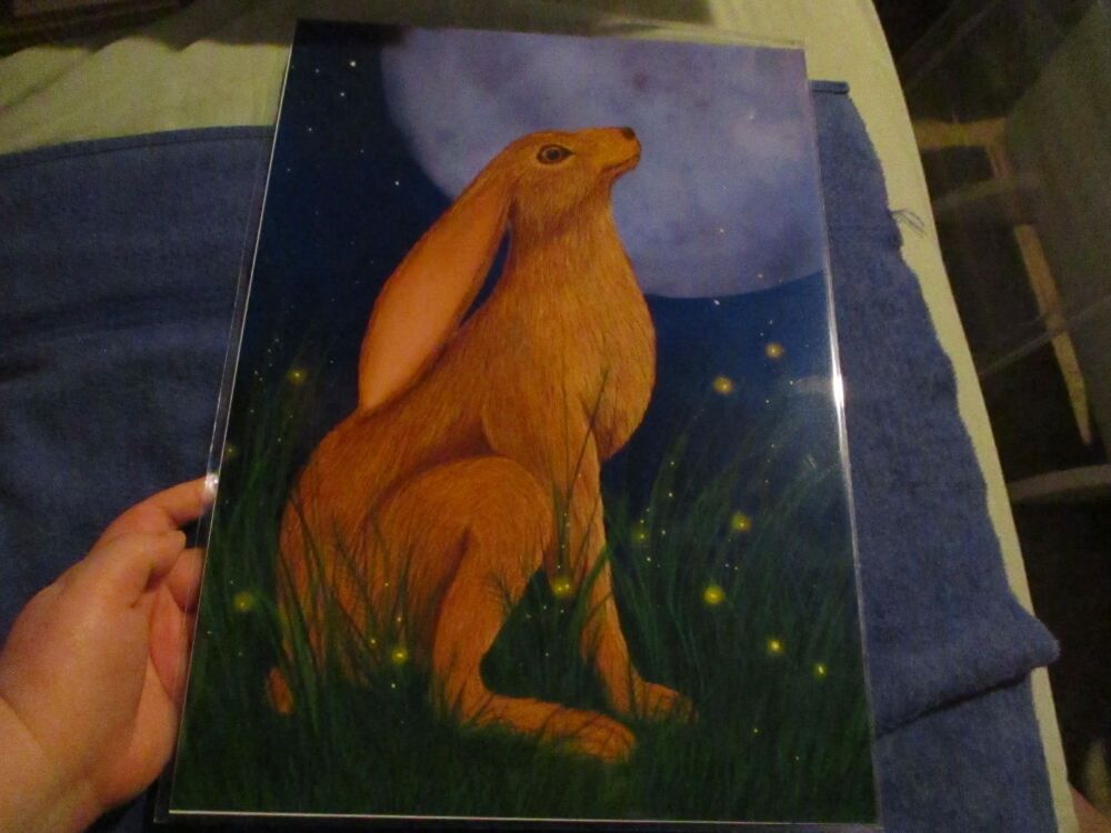 Moon Gazing Hare (Realistic) - Professional Print - A3 Size. By Goblin Dreams