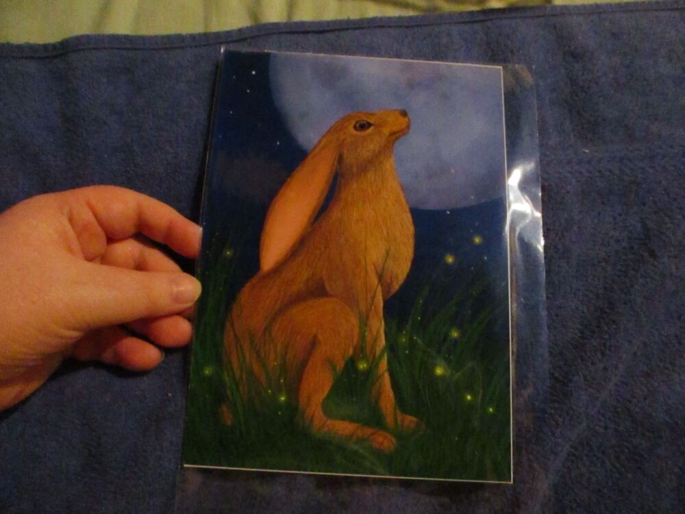 Moon Gazing Hare (Realistic) - Professional Print - A5 Size. By Goblin Dreams