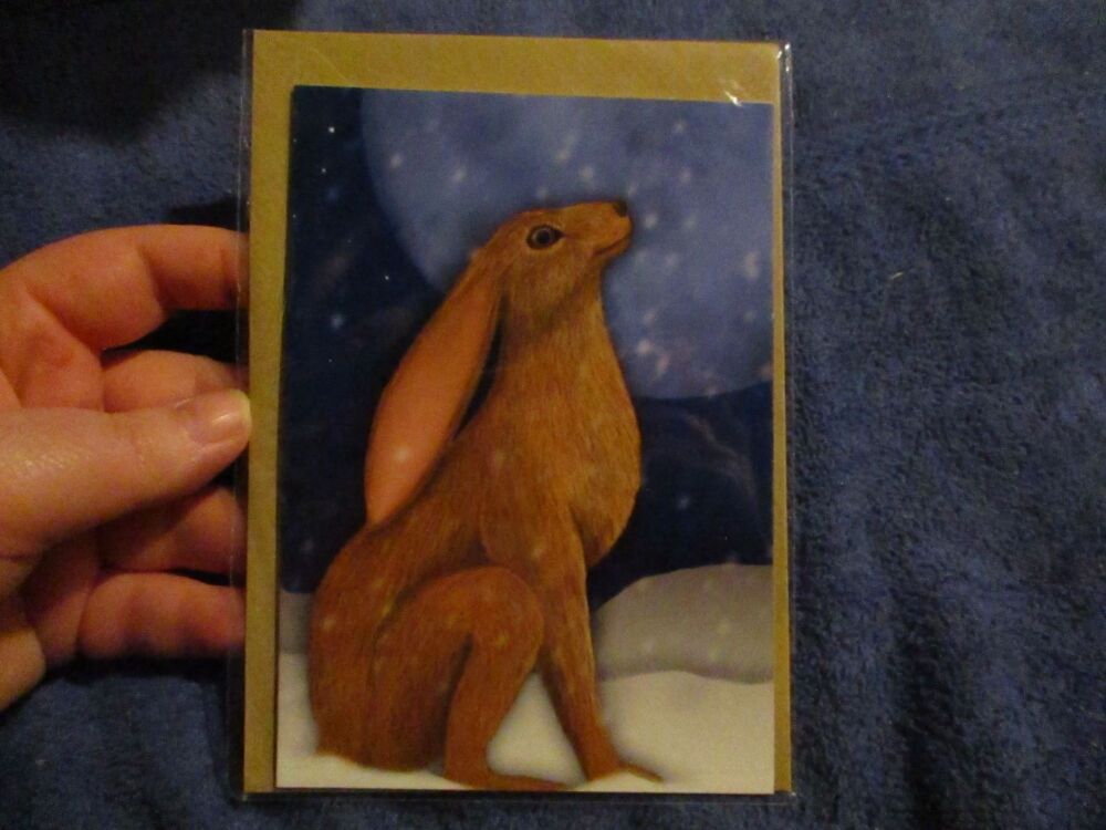 Snowy Moon Gazing Hare (Real) Greeting Card - Professional Print - A6 Size. By Goblin Dreams