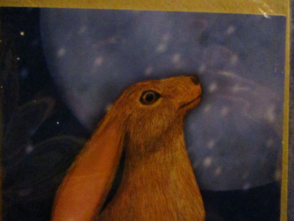 Snowy Moon Gazing Hare (Real) Greeting Card - Professional Print - A6 Size. By Goblin Dreams
