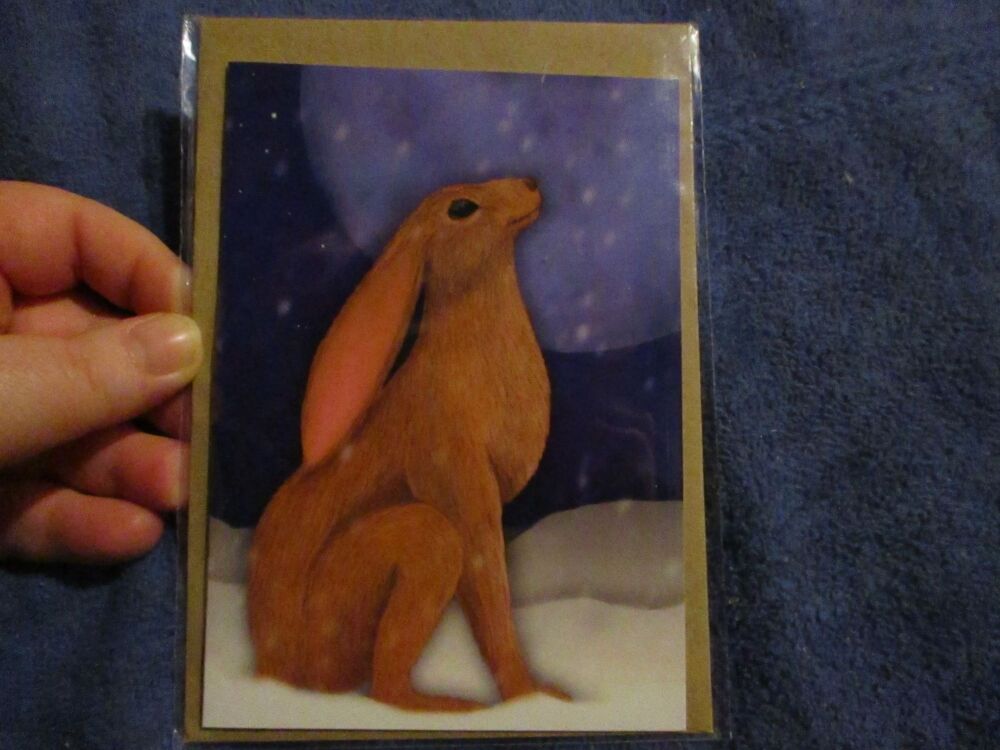 Snowy Moon Gazing Hare (Blurred Eye) Greeting Card - Professional Print - A6 Size. By Goblin Dreams
