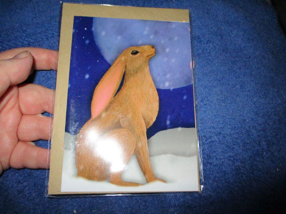 Snowy Moon Gazing Hare (Blurred Eye) Greeting Card - Professional Print - A6 Size. By Goblin Dreams