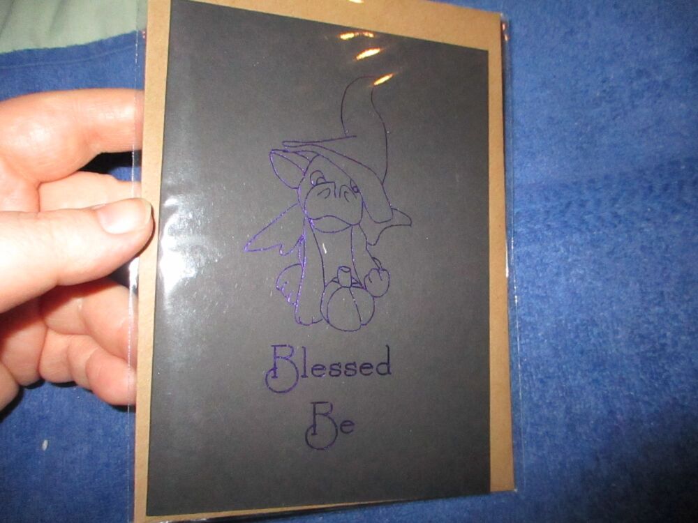 Blessed Be - Dragon Goblin (Purple Foil on Black) Greeting Card - A6 Size. By Goblin Dreams