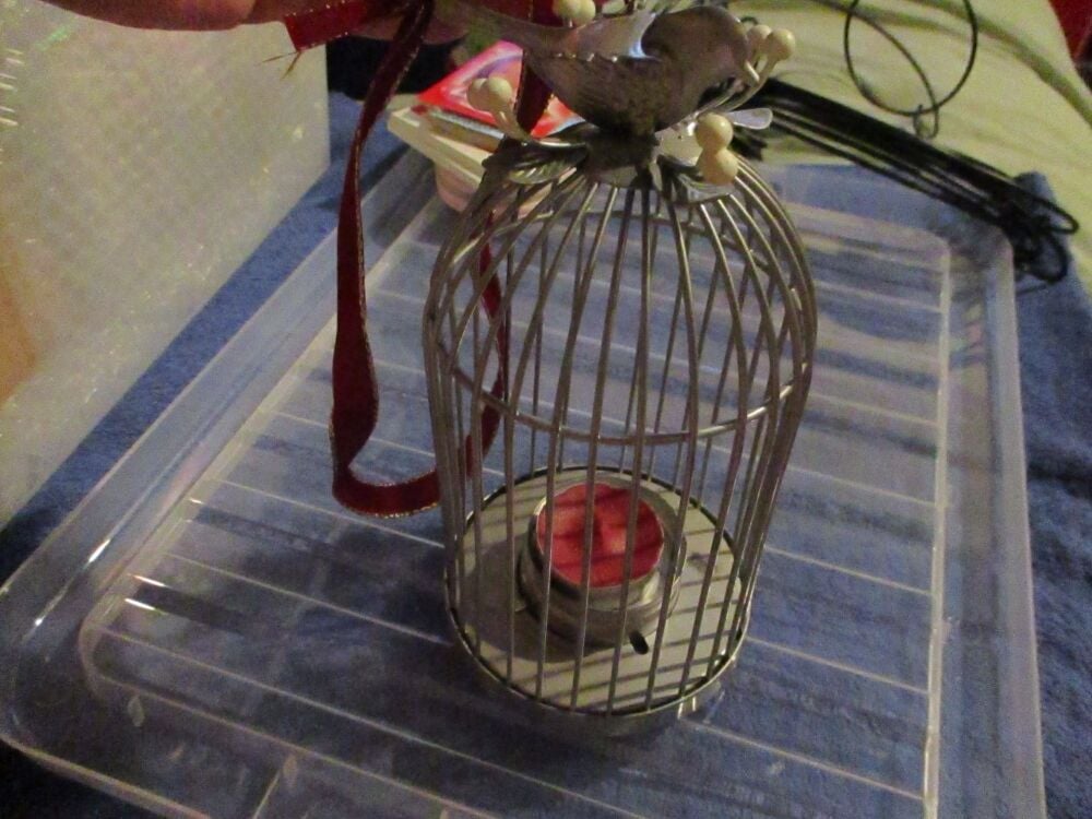 Vintage Looking Bird Cage Tealight Candle Holder with Bird On Top