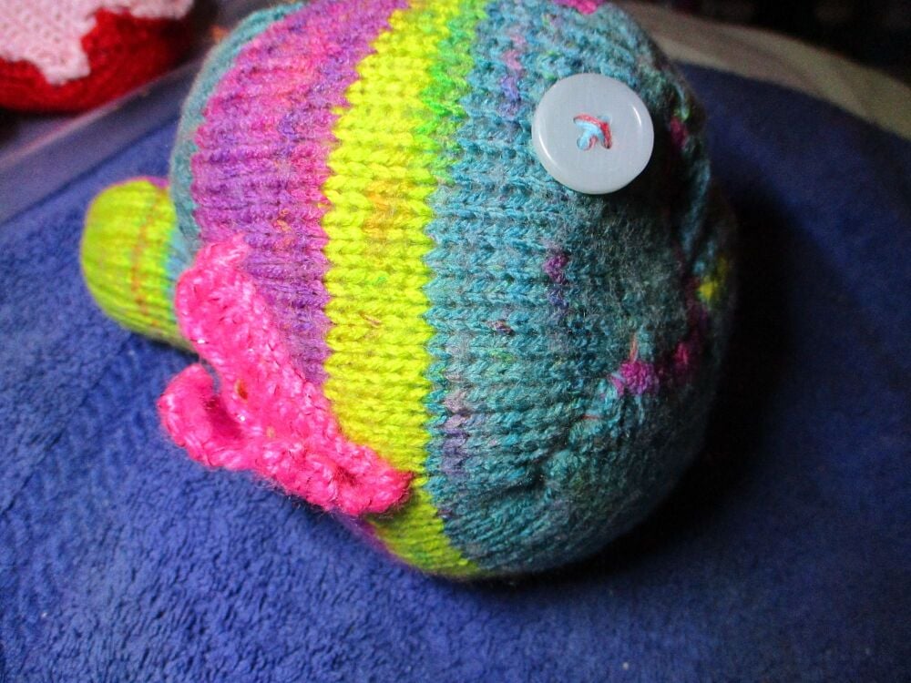 Green Purple Magic Yarn Midi Alien Fish with Blue Eyes Knitted Soft Toy