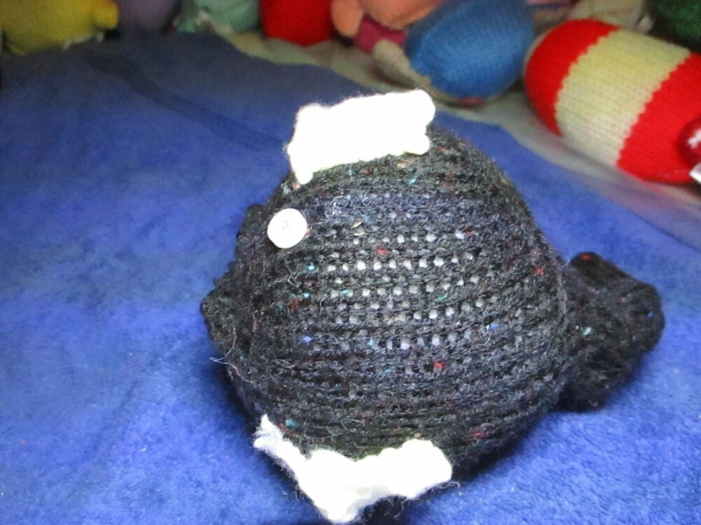 Black with Cream Fins Midi Fish with White Eyes Knitted Soft Toy