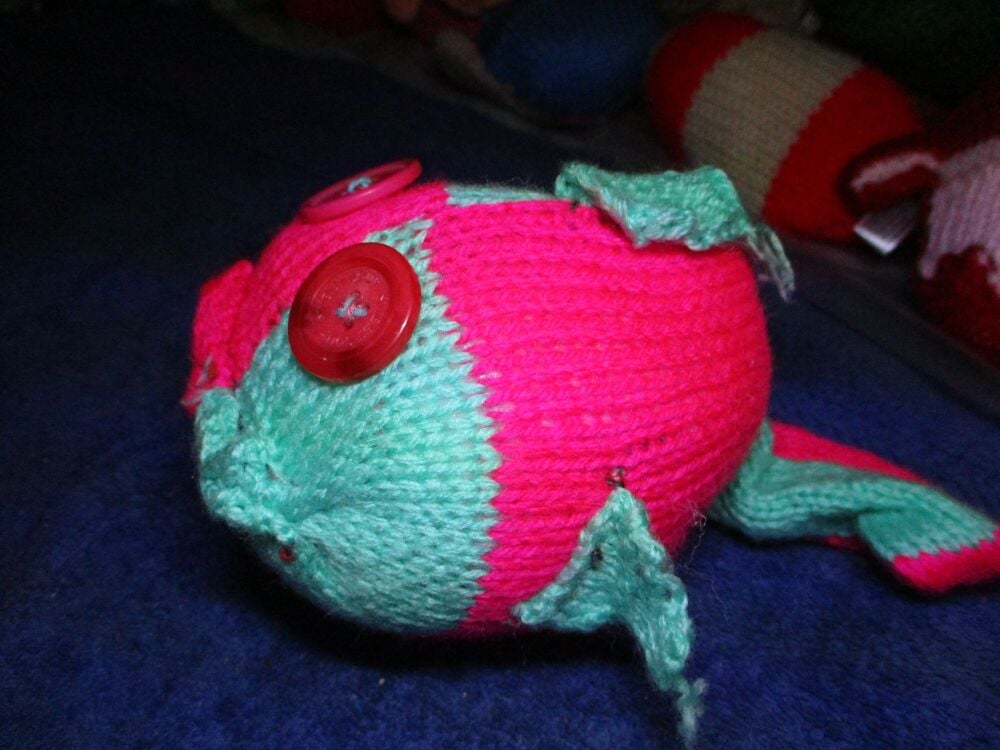 Fuchsia Mint Quarters Midi Fish with Pink Red Eyes Knitted Soft Toy