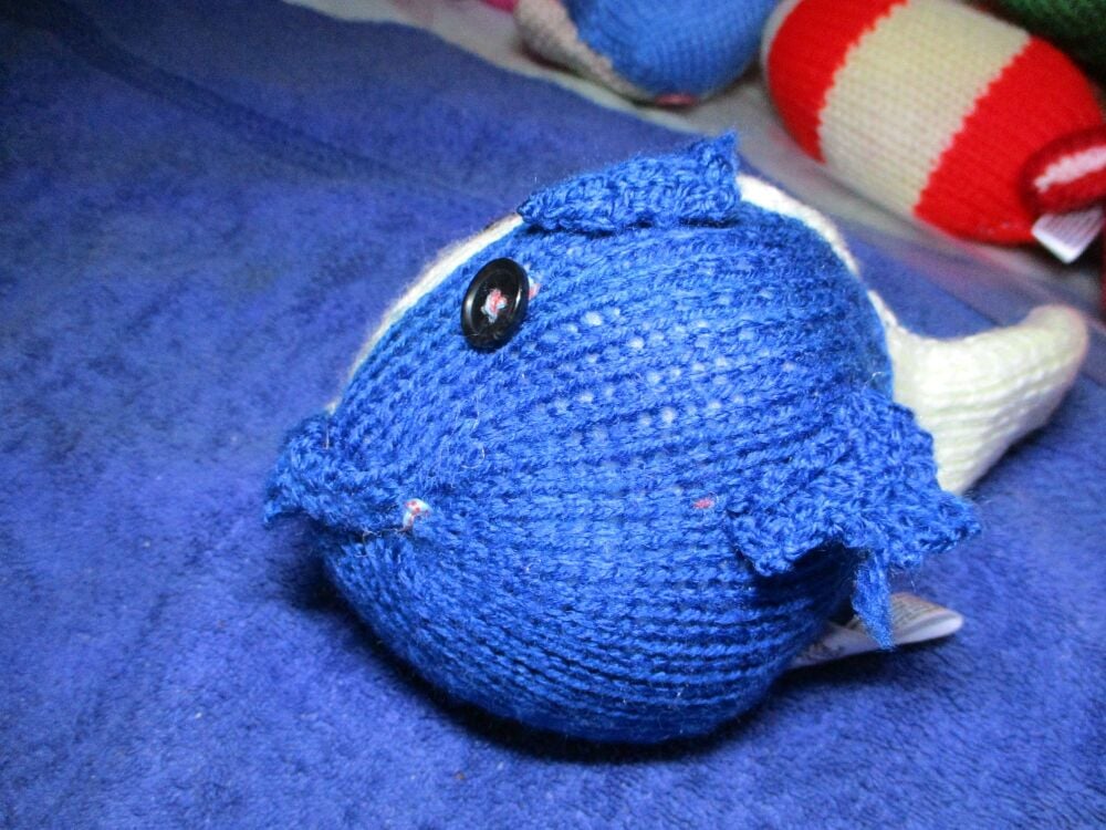 Blue and Creamy White Quarters Midi Fish with Black Eyes Knitted Soft Toy