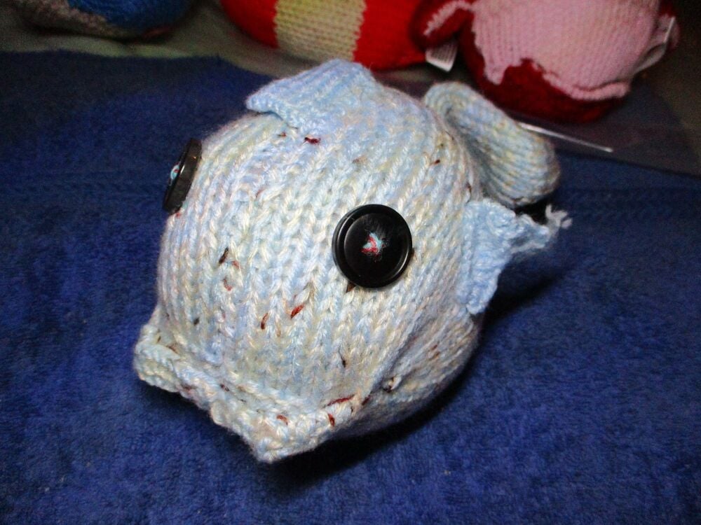 Pale Blue and Creamy Grain Midi Fish with Black Eyes Knitted Soft Toy