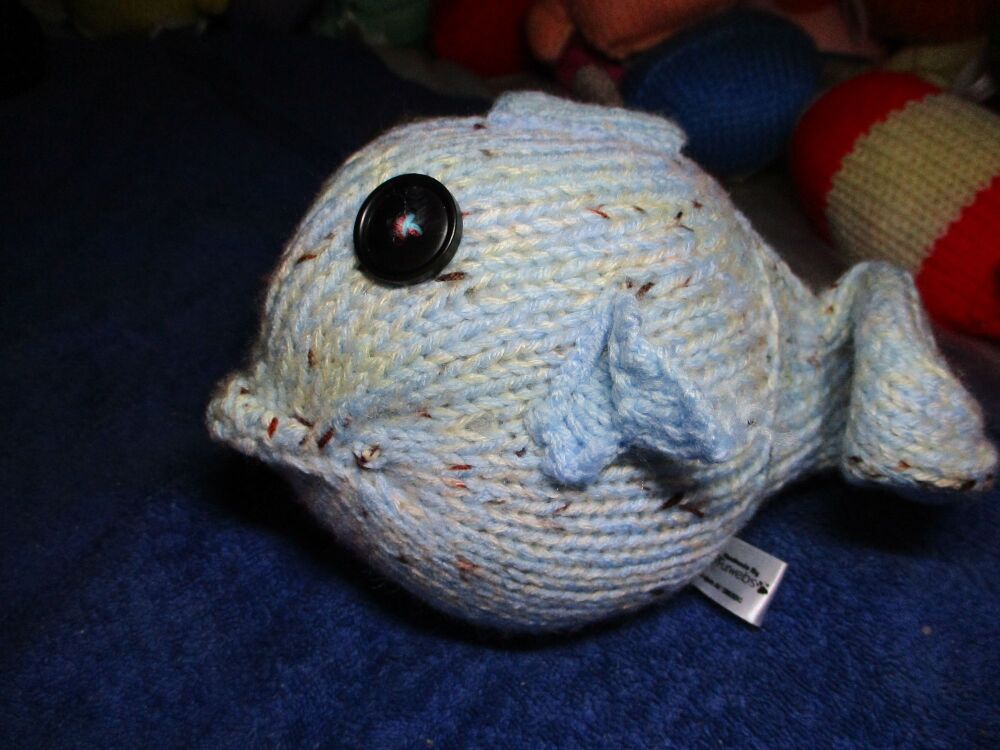 Pale Blue and Creamy Grain Midi Fish with Black Eyes Knitted Soft Toy