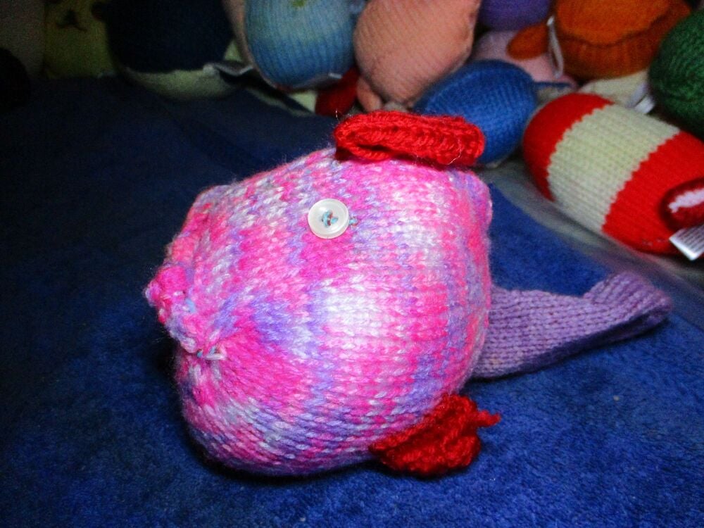 Pink and Purple Rainbow Midi Fish with White Eyes Knitted Soft Toy